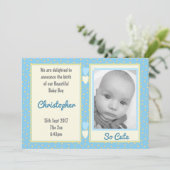 Blauw geel met stippen geboortedetails en baby fot kaart (Staand voorkant)