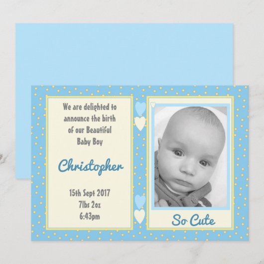 Blauw geel met stippen geboortedetails en baby fot kaart (Voorkant / Achterkant)