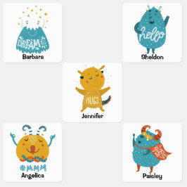 Blauw geel monster motivatie terug naar school kinderlabels