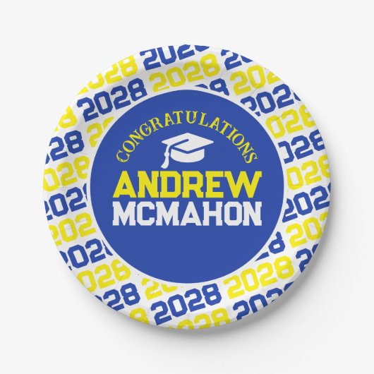 Blauw & Geel op Wit Afstuderen Gepersonaliseerd Papieren Bordje (Voorkant)