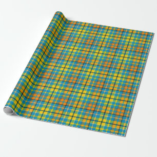 Blauw Geel Oranje Schotse Ruit Streep Design Cadeaupapier
