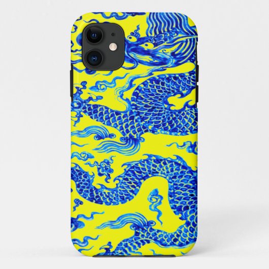 Blauw Geel Oriëntaalse Draak Kunst Iphone Hoesje (Achterkant)