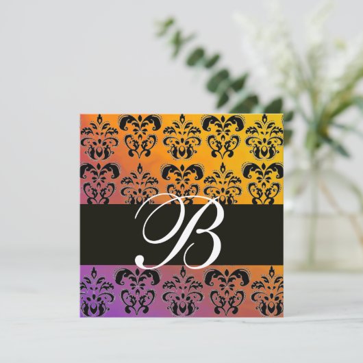 BLAUW GEEL PAARS ZWART DAMASK MONOGRAM , wit Kaart (Staand voorkant)