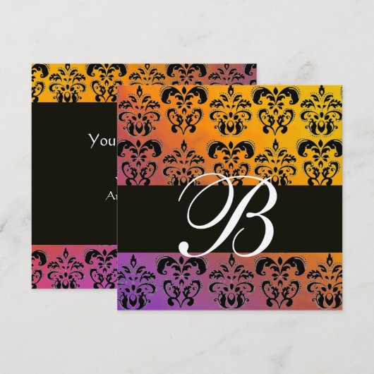 BLAUW GEEL PAARS ZWART DAMAST MONOGRAM Champagne Kaart (Voorkant / Achterkant)