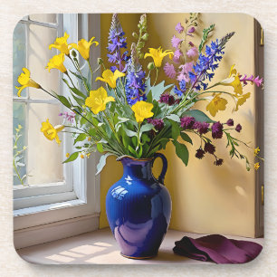 Blauw Geel Paarse Bloemen Kunst Bier Onderzetter