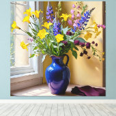 Blauw Geel Paarse Blooms Art Canvas Afdruk (Insitu (Houten vloer))