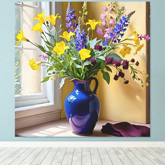 Blauw Geel Paarse Blooms Art Canvas Afdruk (Insitu (Houten vloer))