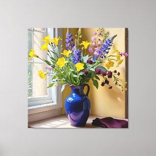 Blauw Geel Paarse Blooms Art Canvas Afdruk