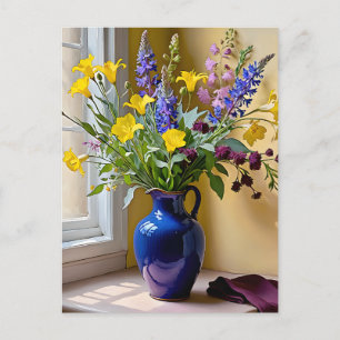 Blauw Geel Paarse Blooms Art Feestdagenkaart