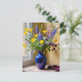 Blauw Geel Paarse Blooms Art Feestdagenkaart (Staand voorkant)