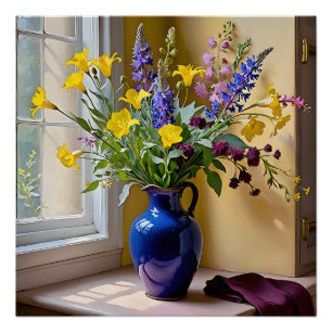 Blauw Geel Paarse Blooms Art Perfect Poster