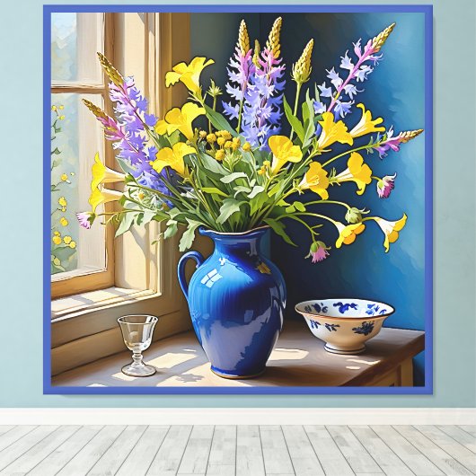 Blauw Geel Paarse Boeket Art Canvas Afdruk (Insitu (Houten vloer))