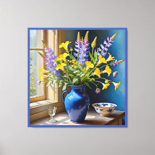 Blauw Geel Paarse Boeket Art Canvas Afdruk