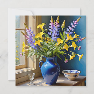 Blauw Geel Paarse Boeket Art Kaart