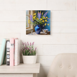 Blauw Geel Paarse Boeket Art Vierkante Klok
