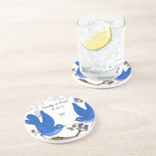 Blauw & Geel & Paarse Vintage Liefdesvogels Onderz Zandsteen Onderzetter