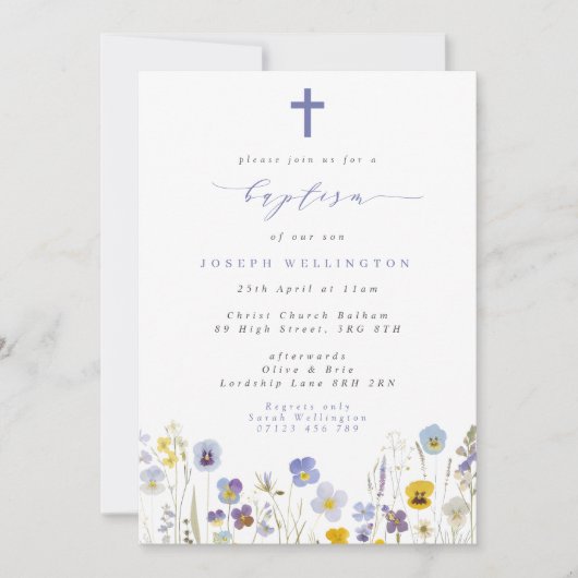 Blauw & Geel Pansies Wildflowers Doop Kaart (Voorkant)