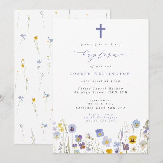 Blauw & Geel Pansies Wildflowers Doop Kaart (Voorkant / Achterkant)