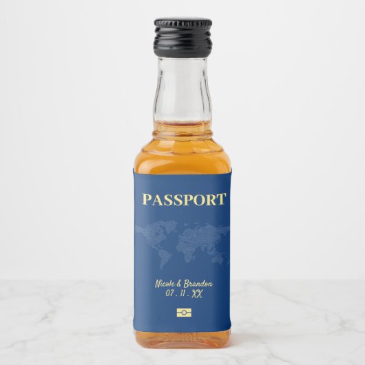 Blauw & Geel Paspoort Bestemming Bruiloft Likeurfles Etiket (Voorkant)