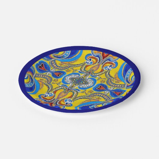 Blauw geel patroon blauwe rand vet papieren bordje (Gekanteld)