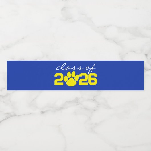 Blauw & Geel Paw Print Afstuderen Waterfles Etiket (Enkel label)