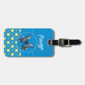 Blauw Geel Polka Dots Butterfly Custom Name Bagagelabel (Voorkant horizontaal)