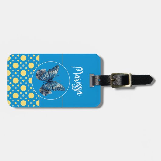 Blauw Geel Polka Dots Butterfly Custom Name Bagagelabel (Voorkant horizontaal)