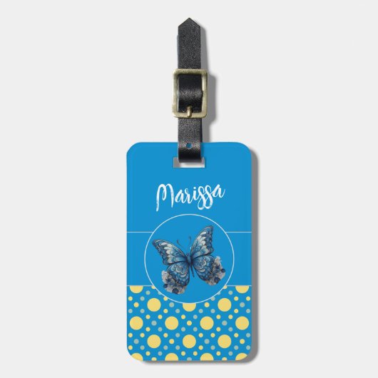 Blauw Geel Polka Dots Butterfly Custom Name Bagagelabel (Voorkant verticaal)