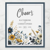 Blauw Geel Proost Bloemenbruiloft Wijn Etiket (Enkel label)