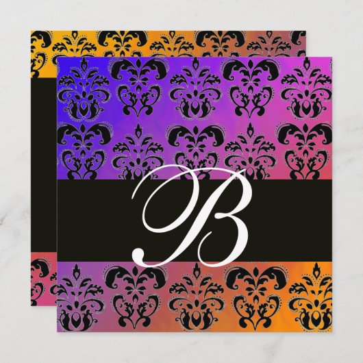 BLAUW GEEL PURPER ZWART DAMAST MONOGRAM , wit Kaart (Voorkant / Achterkant)