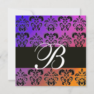 BLAUW GEEL PURPER ZWART DAMAST MONOGRAM , wit Kaart
