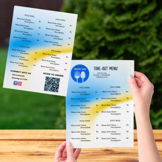 Blauw, Geel Restaurant Afhaalmenu met QR-code Flyer