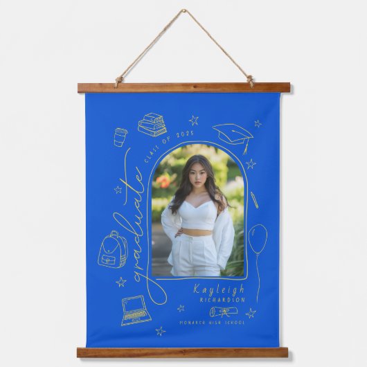 Blauw Geel Retro Foto Afstuderen Hangend Wandkleed (Voorkant)