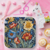 Blauw Geel Rood Bloemen William Morris Style Papieren Bordje (Feest)