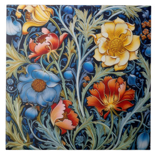 Blauw Geel Rood Bloemen William Morris Style Tegeltje