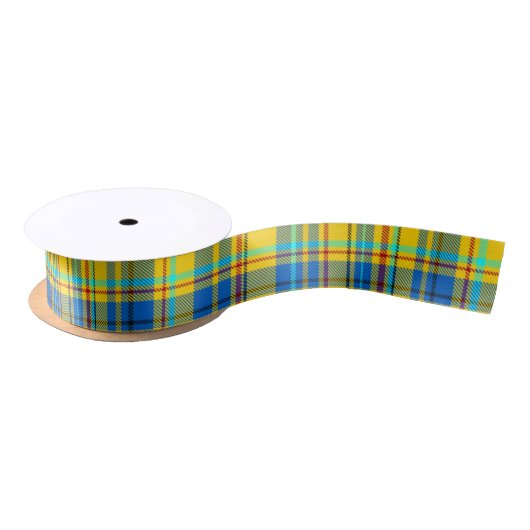 Blauw, geel, rood geplakt patroon, Tartan Satijnen Lint (Spoel)
