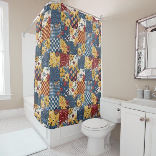 Blauw Geel Rood Patchwork Dekbed Bloem Motief Retr Douchegordijn (In situ)