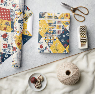 Blauw Geel Rood Quilt Gingham Cottagecore Bloem Cadeaupapier