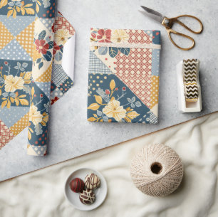 Blauw Geel Rood Quilt Gingham Cottagecore Bloem Cadeaupapier