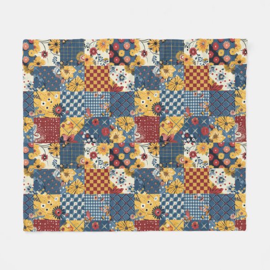 Blauw Geel Rood Quilt Patchwork Gingham Bloemmotie Fleece Deken (Voorkant (Horizontaal))