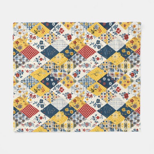Blauw Geel Rood Quilt Patchwork Gingham Bloemmotie Fleece Deken (Voorkant (Horizontaal))