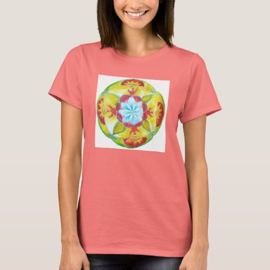 Blauw, Geel, Rood, Vrede Mandala T-shirt (Voorkant)