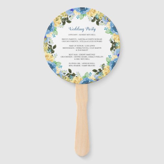 Blauw Geel Rose Tuin Huwelijksprogramma Hand Fan Handwaaier (Achterkant)