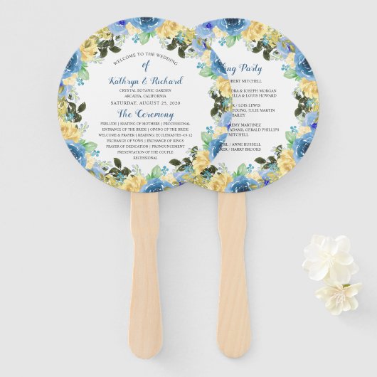 Blauw Geel Rose Tuin Huwelijksprogramma Hand Fan Handwaaier (Voorkant en achterkant)