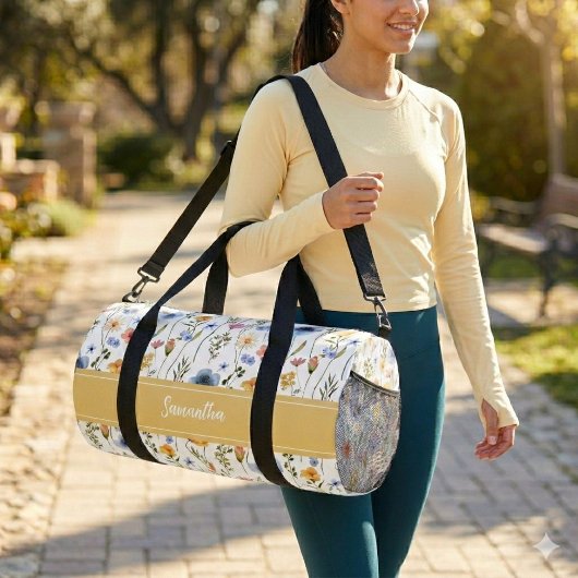 Blauw Geel Roze Aquarel Wilde Bloem Monogram Plunjezak