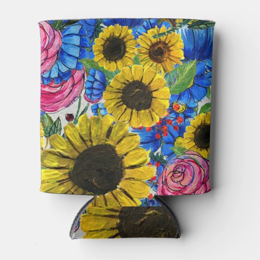 Blauw Geel Roze Bloemen Naadloos Blikjeskoeler (Voorkant)