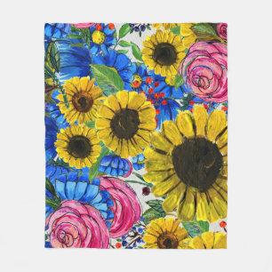 Blauw Geel Roze Bloemen Naadloos Fleece Deken
