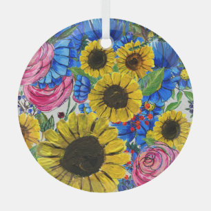 Blauw Geel Roze Bloemen Naadloos Glas Ornament