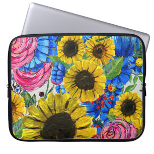 Blauw Geel Roze Bloemen Naadloos Laptop Sleeve