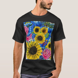 Blauw Geel Roze Bloemen Naadloos T-shirt